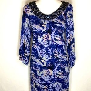 Abstract Floral Print Dress w/Embellished Neckline